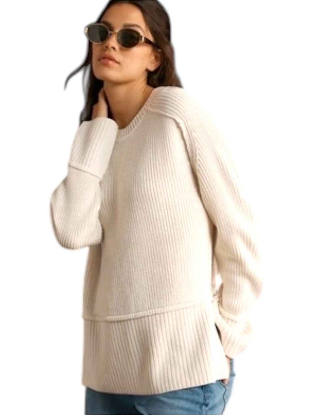 Anthropologie Pilcro Off White/Cream Ribbed Knit Crew Neck Split Hem Sweater XS)
